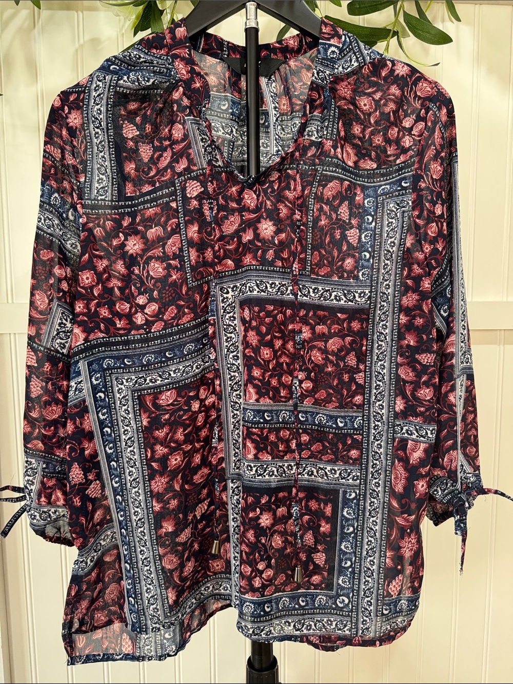 #498 MAX Bandana Floral V-Neck Blouse in Navy and Rose